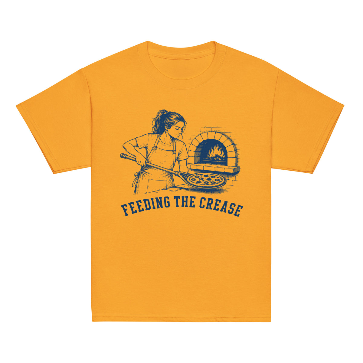GO2X Feeding the Crease youth lacrosse shirt with female design in Gold, front view
