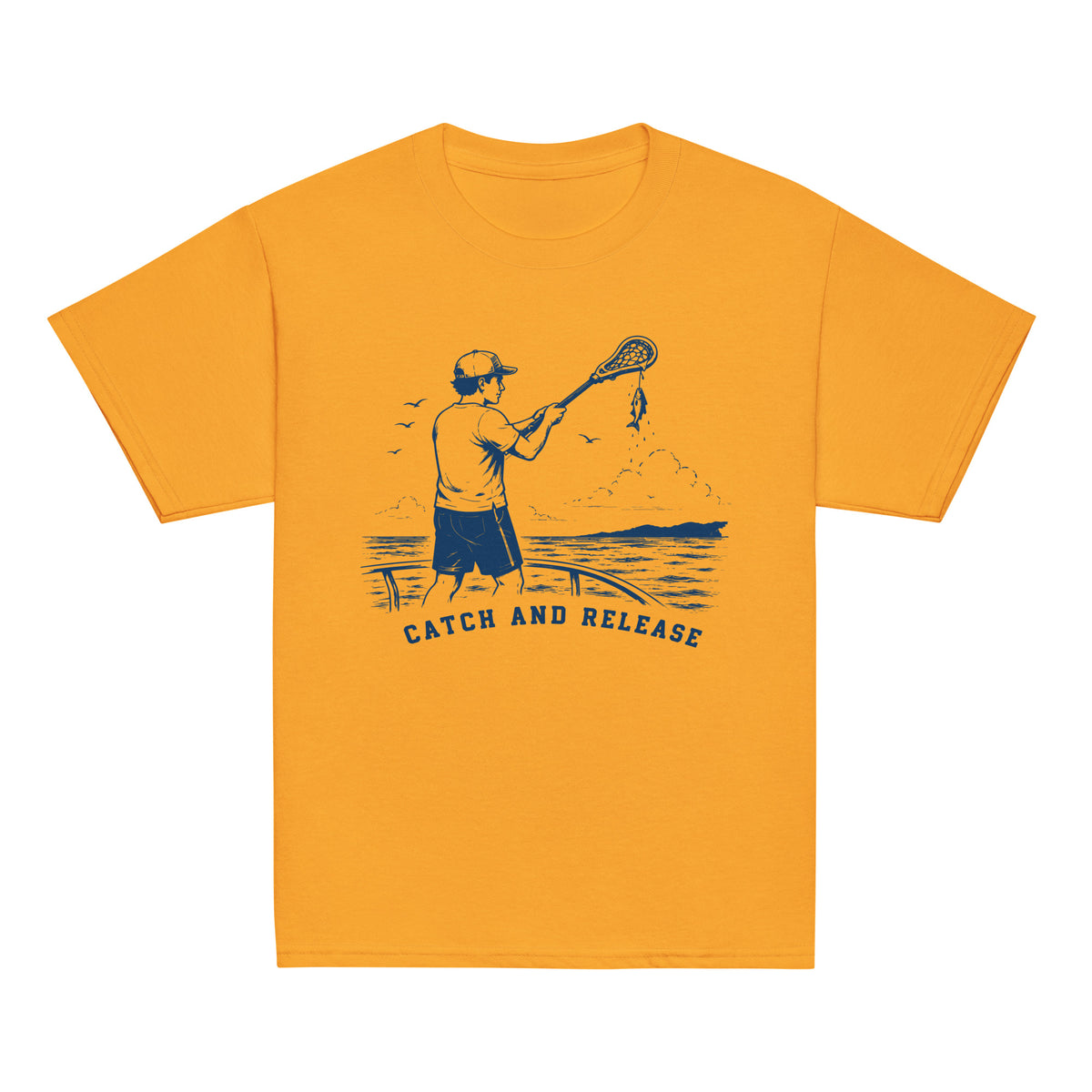 GO2X Catch and Release youth lacrosse shirt with male design in Gold, front view