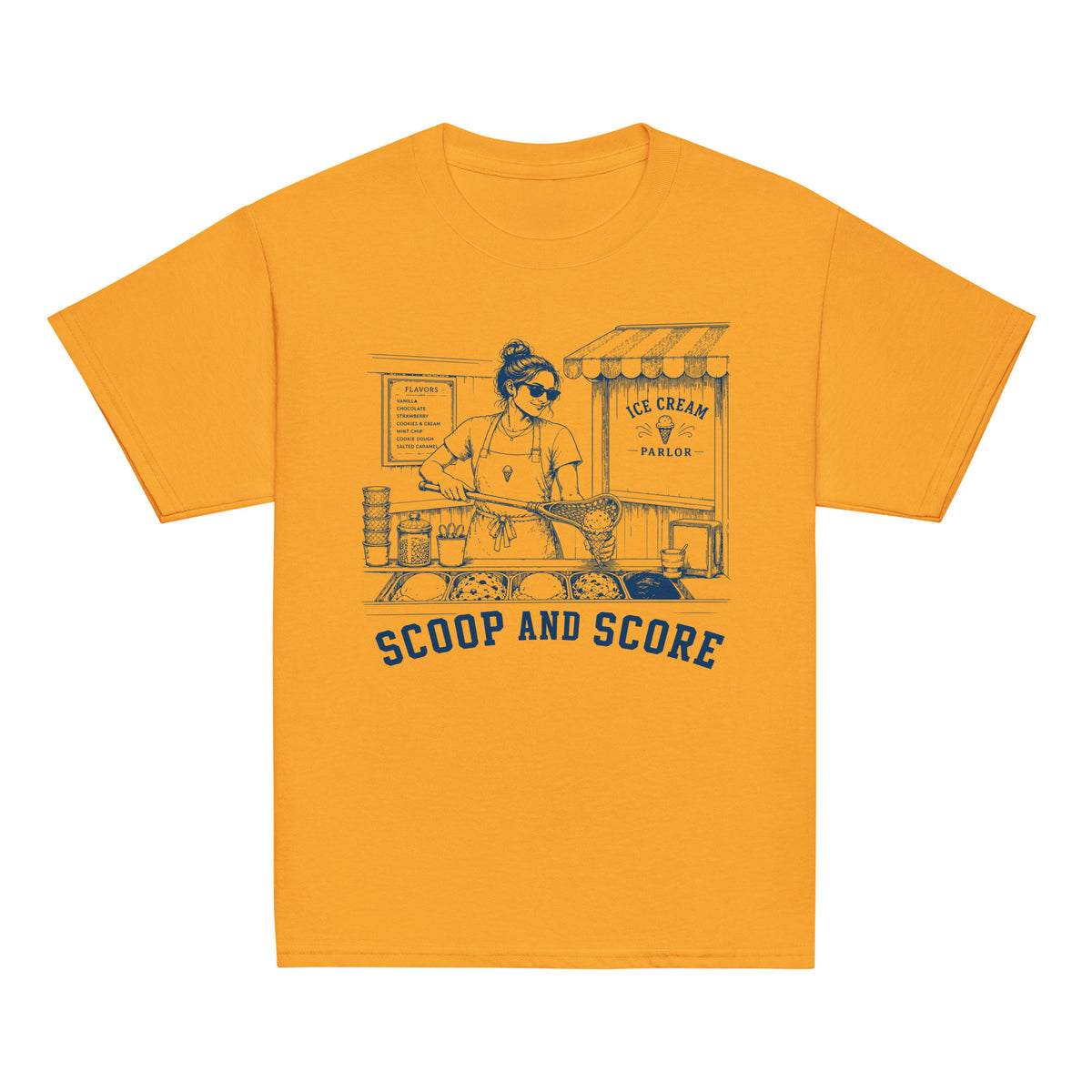 GO2X Scoop and Score youth lacrosse shirt with female design in Gold, front view