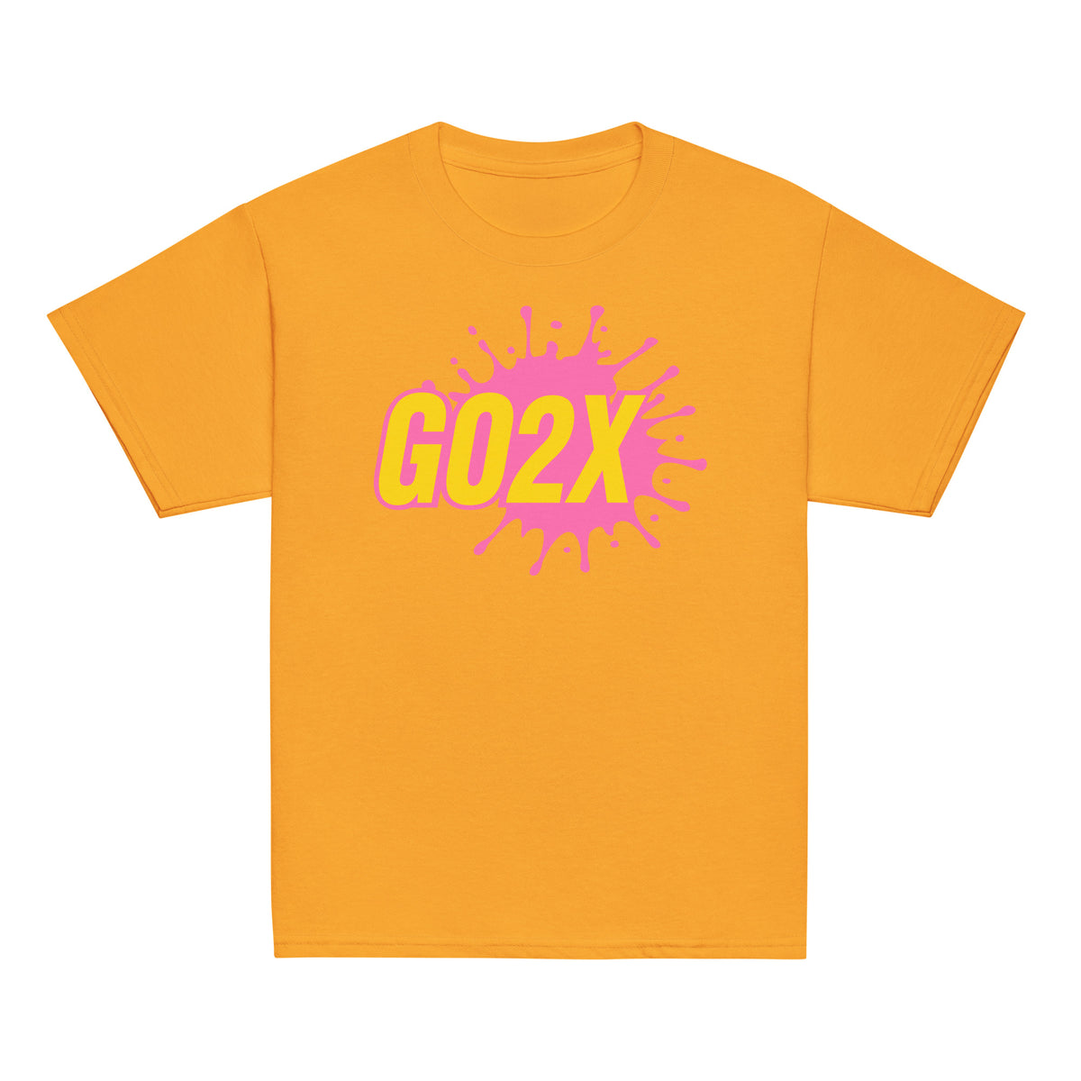 GO2X Classic youth lacrosse shirt with pink & yellow logo in Gold, front view