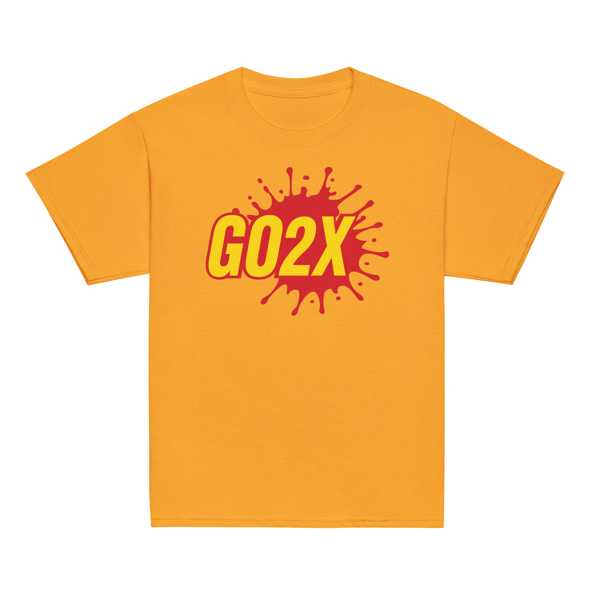 GO2X Classic youth lacrosse shirt with red & yellow logo in Gold, front view