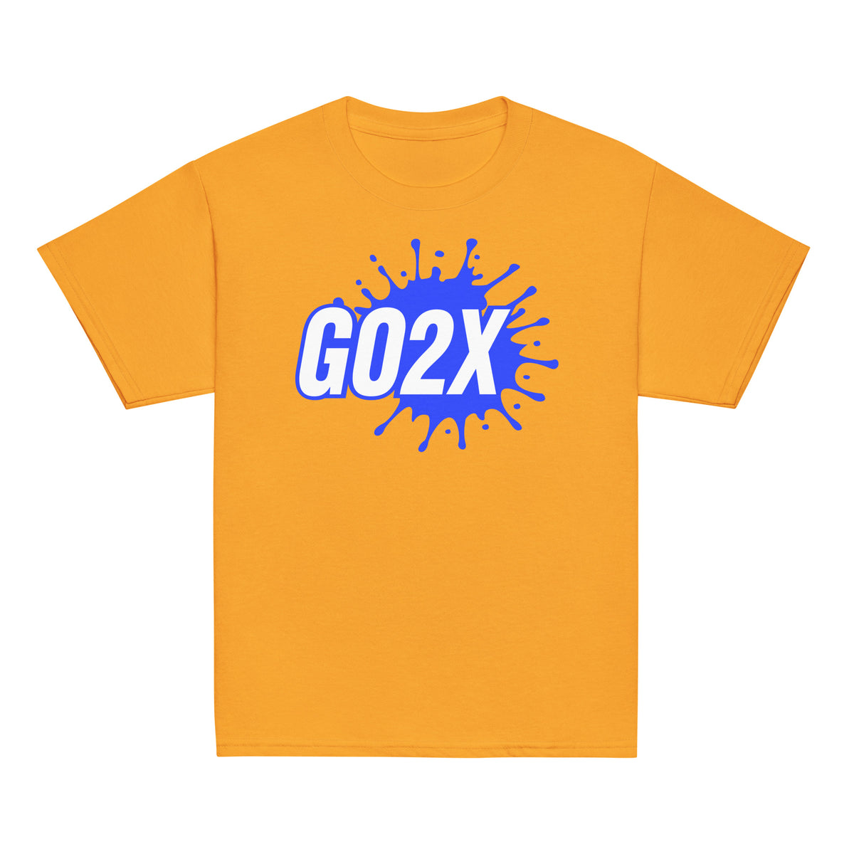 GO2X Classic youth lacrosse shirt with blue & white logo in Gold, front view