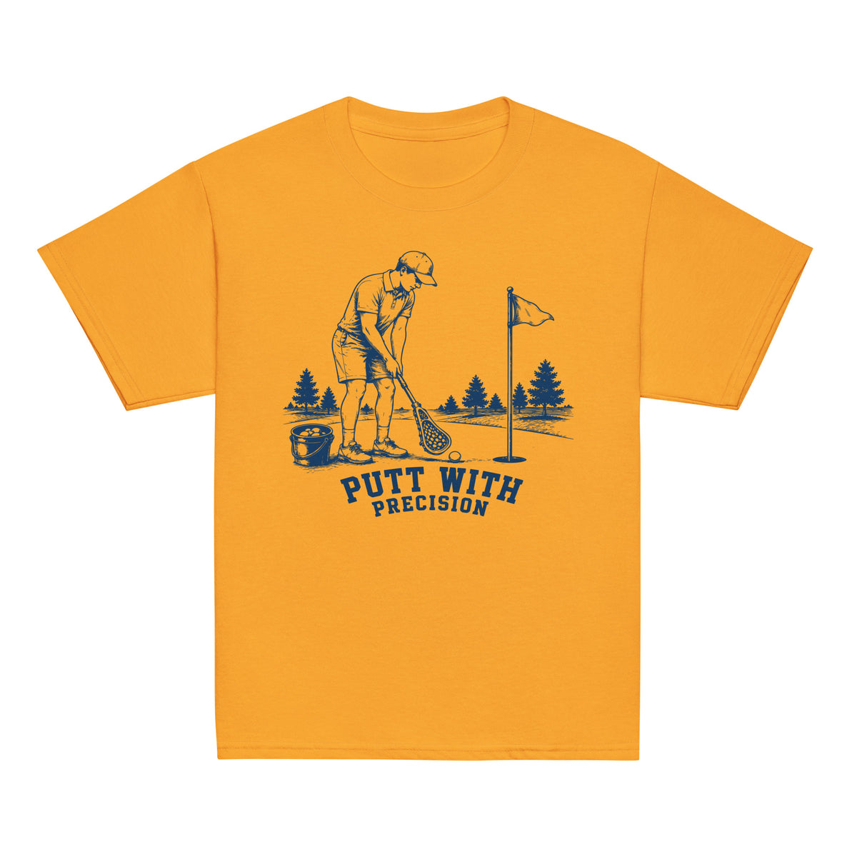 GO2X Putt with Precision youth lacrosse shirt with male design in Gold, front view