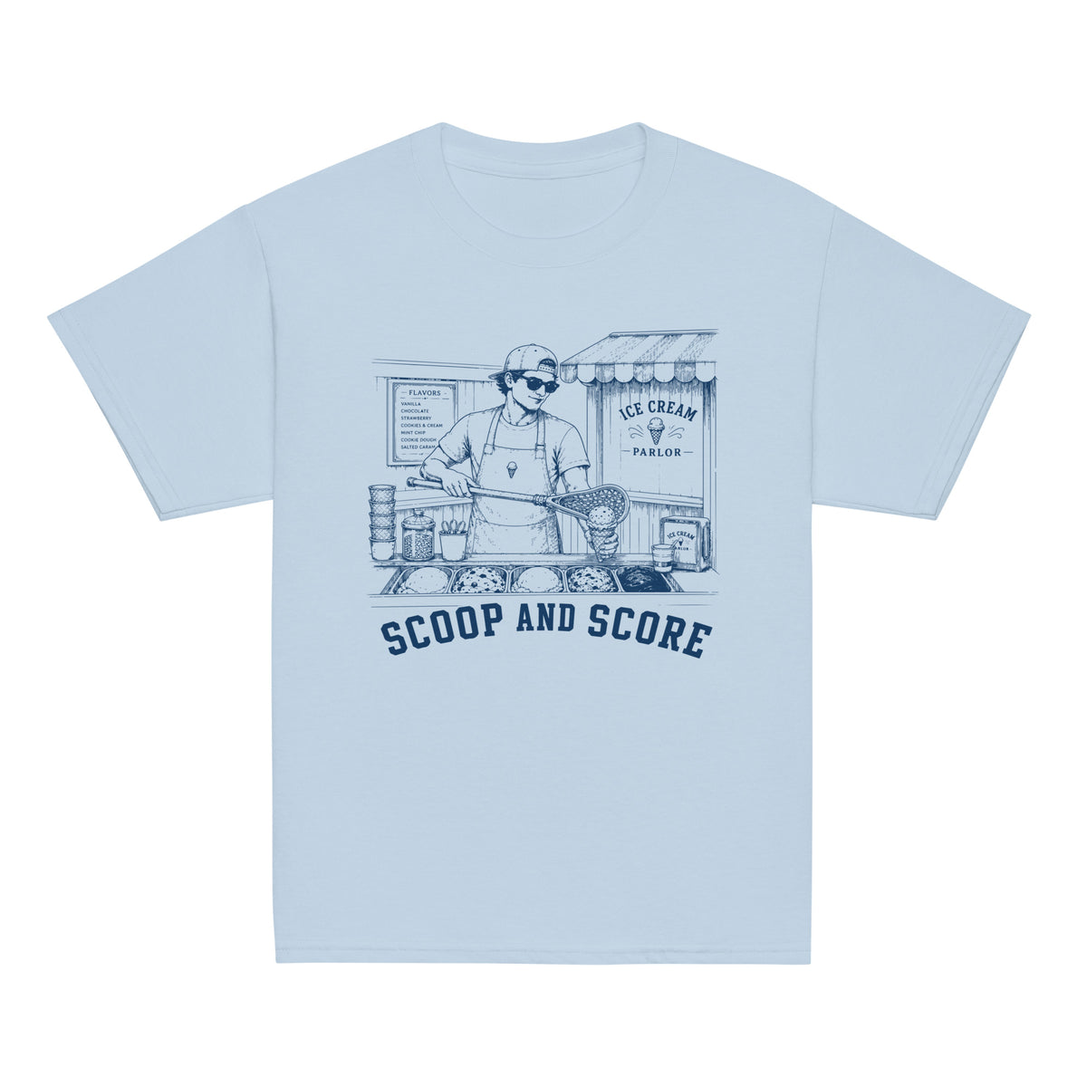 GO2X Scoop and Score youth lacrosse shirt with male design in Light Blue, front view