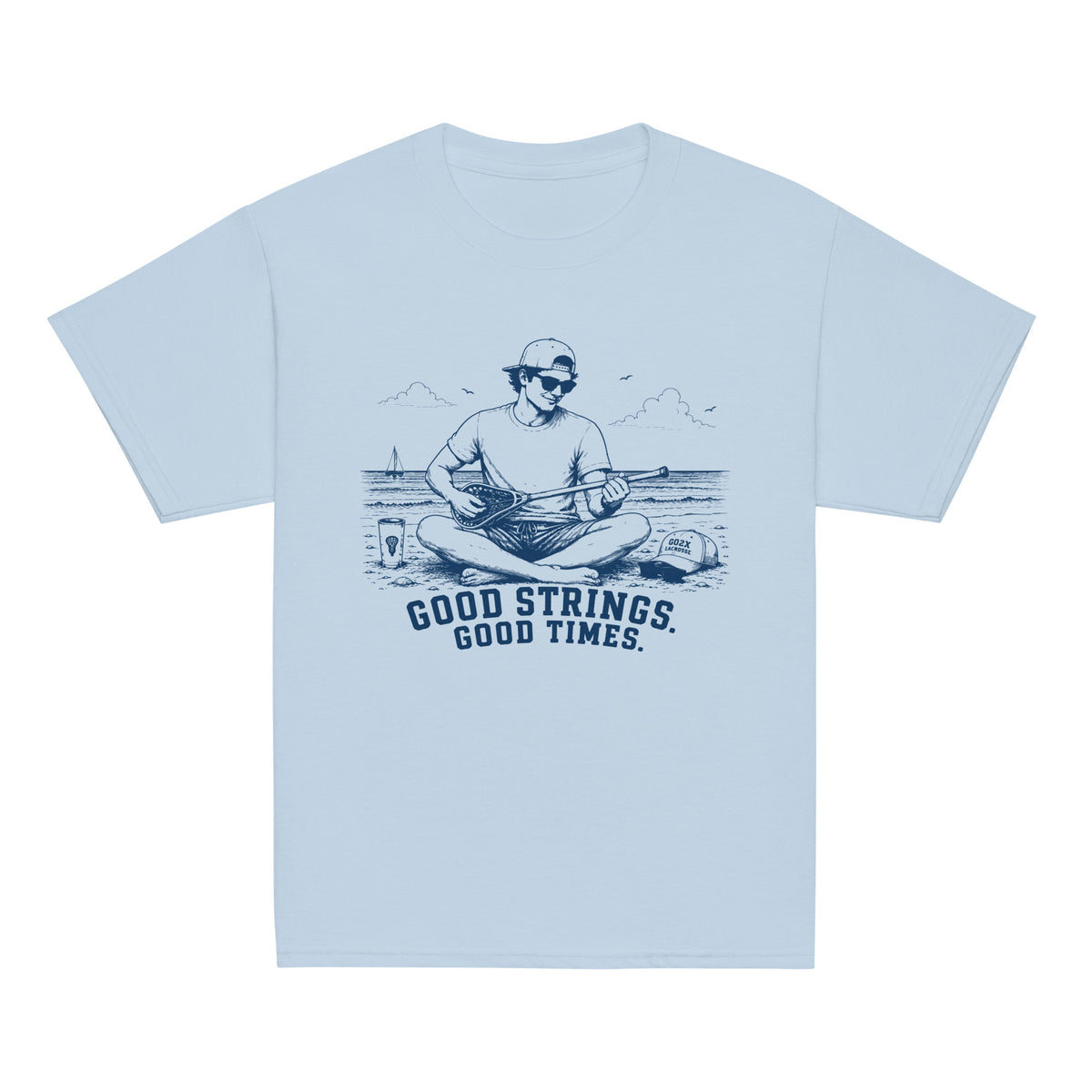 GO2X Good Strings Good Times youth lacrosse shirt with male design in Light Blue, front view