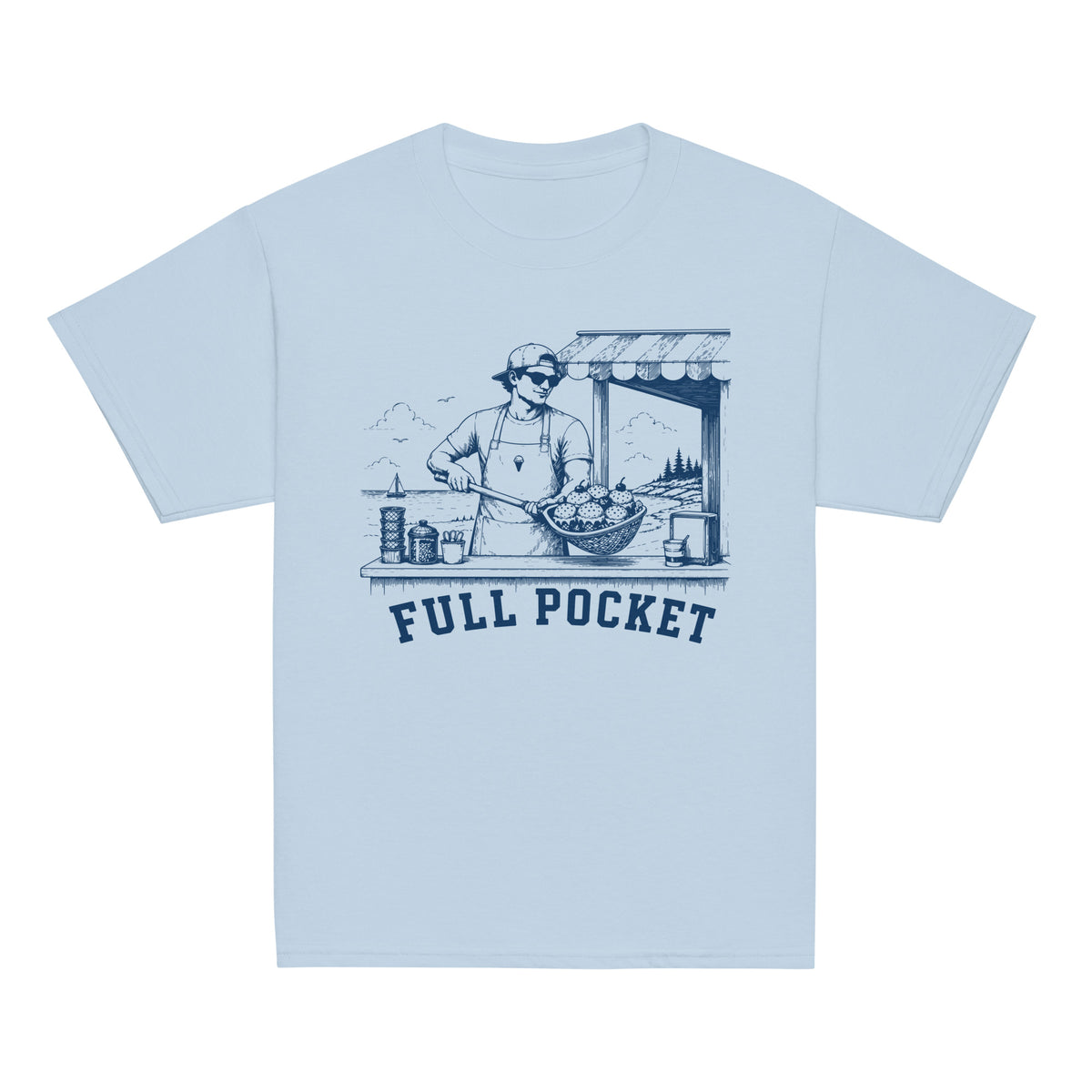 GO2X Full Pocket youth lacrosse shirt with male design in Light Blue, front view
