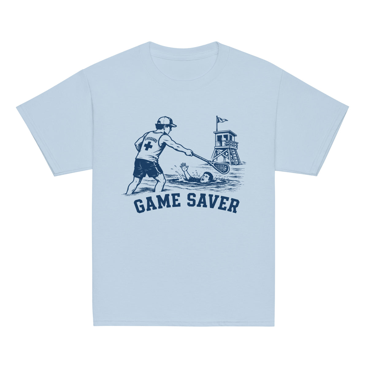 GO2X Game Saver youth lacrosse shirt with male design in Light Blue, front view