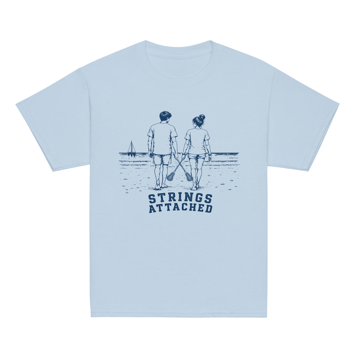 GO2X Strings Attached youth lacrosse shirt in Light Blue, front view