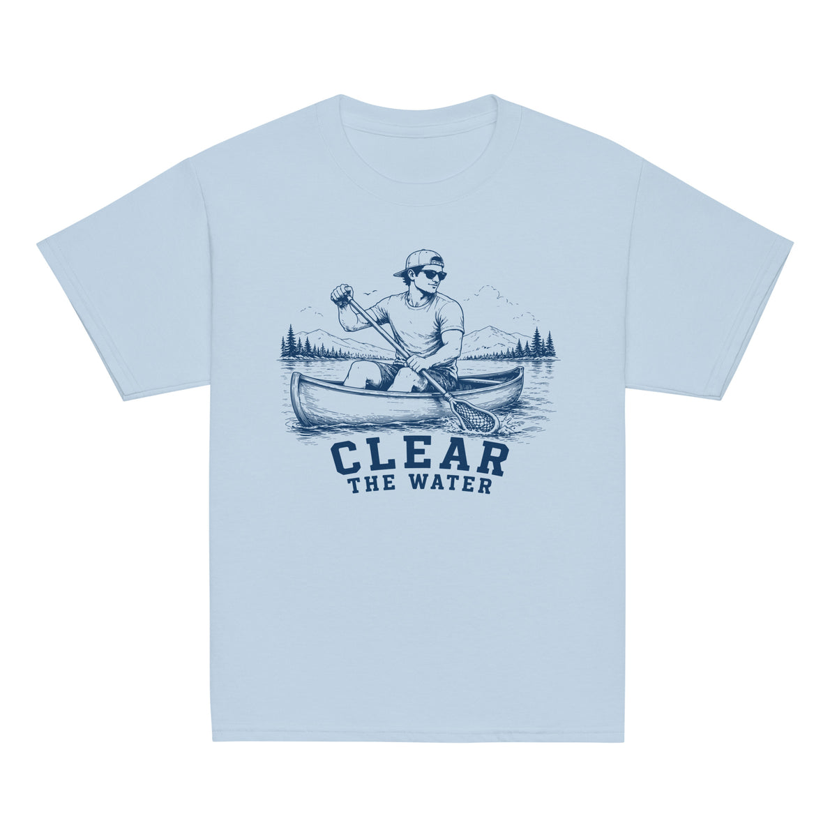 GO2X Clear the Water youth lacrosse shirt with male design in Light Blue, front view