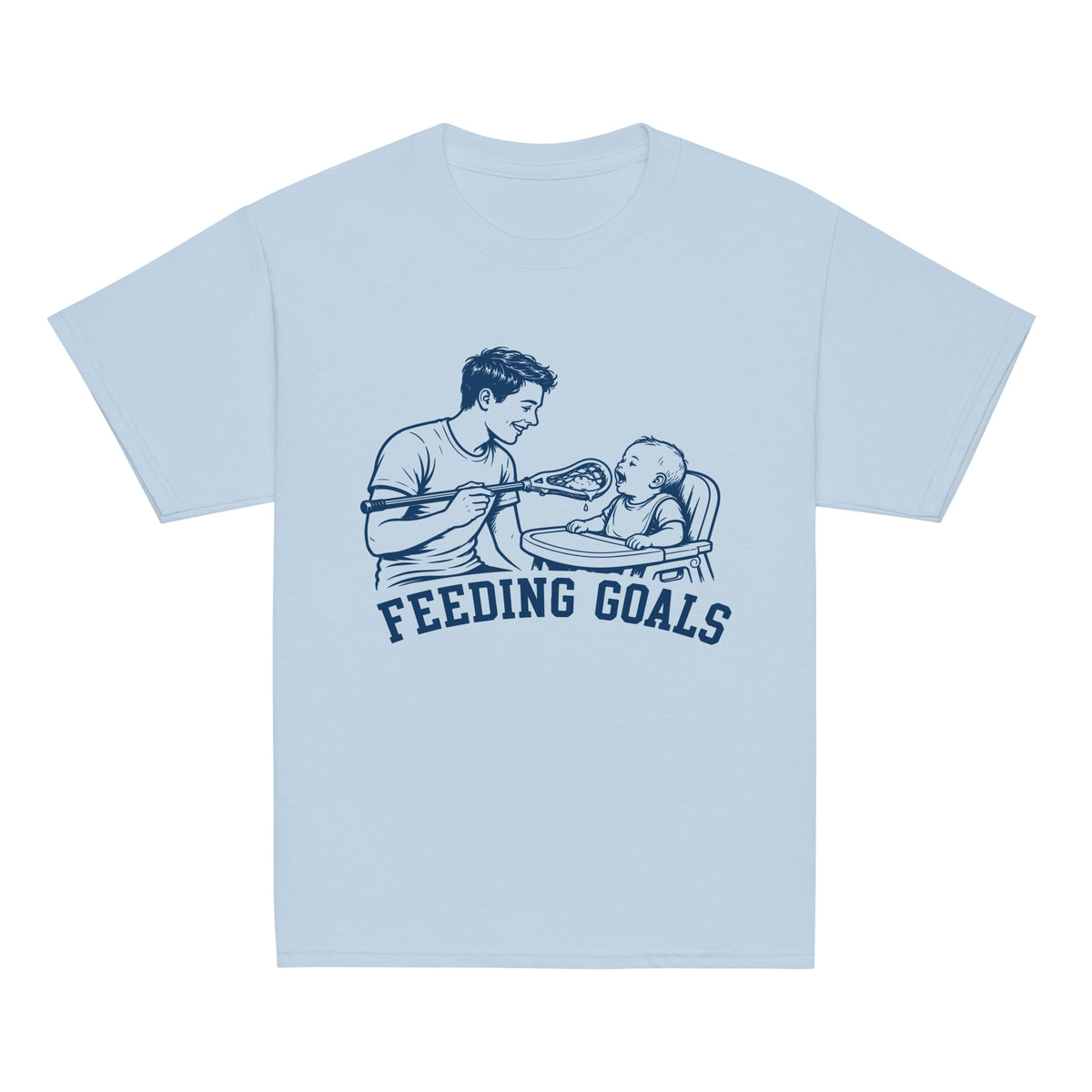 GO2X Feeding Goals youth lacrosse shirt with male design in Light Blue, front view