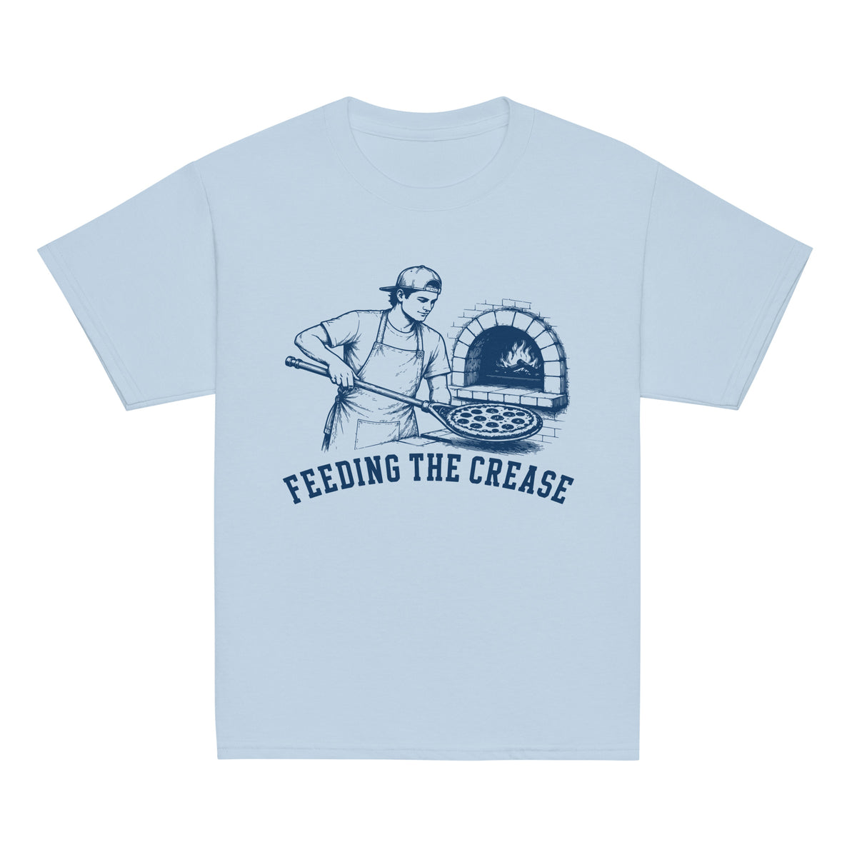 GO2X Feeding the Crease youth lacrosse shirt with male design in Light Blue, front view