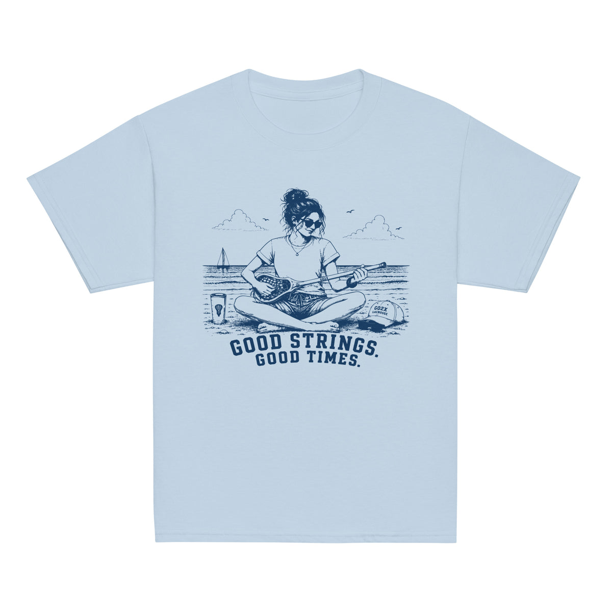GO2X Good Strings Good Times youth lacrosse shirt with female design in Light Blue, front view
