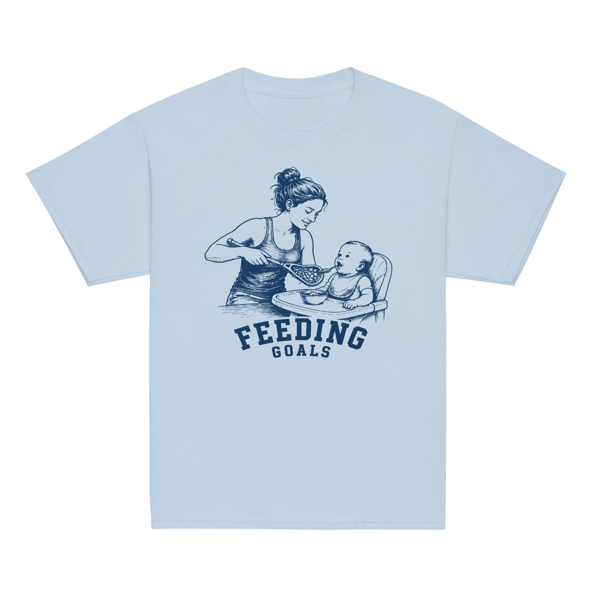 GO2X Feeding Goals youth lacrosse shirt with female design in Light Blue, front view