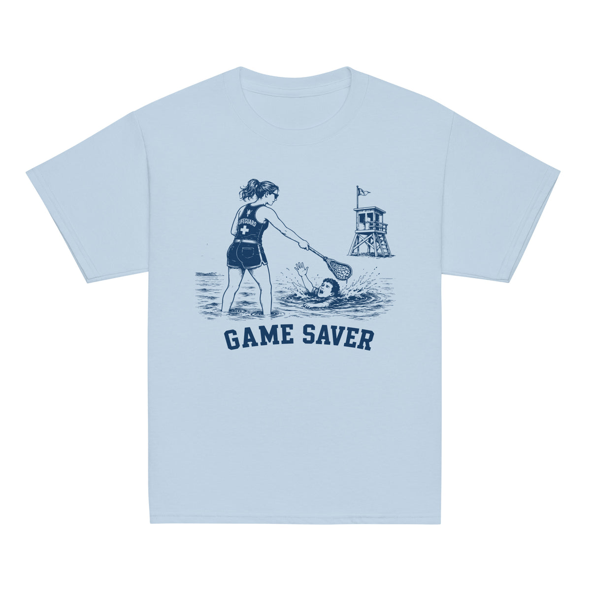 GO2X Game Saver youth lacrosse shirt with female design in Light Blue, front view