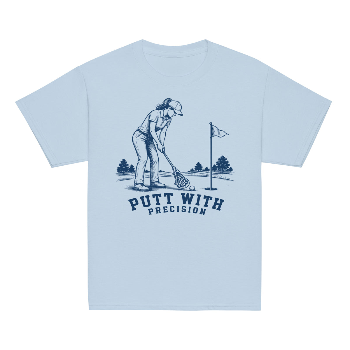 GO2X Putt with Precision youth lacrosse shirt with female design in Light Blue, front view