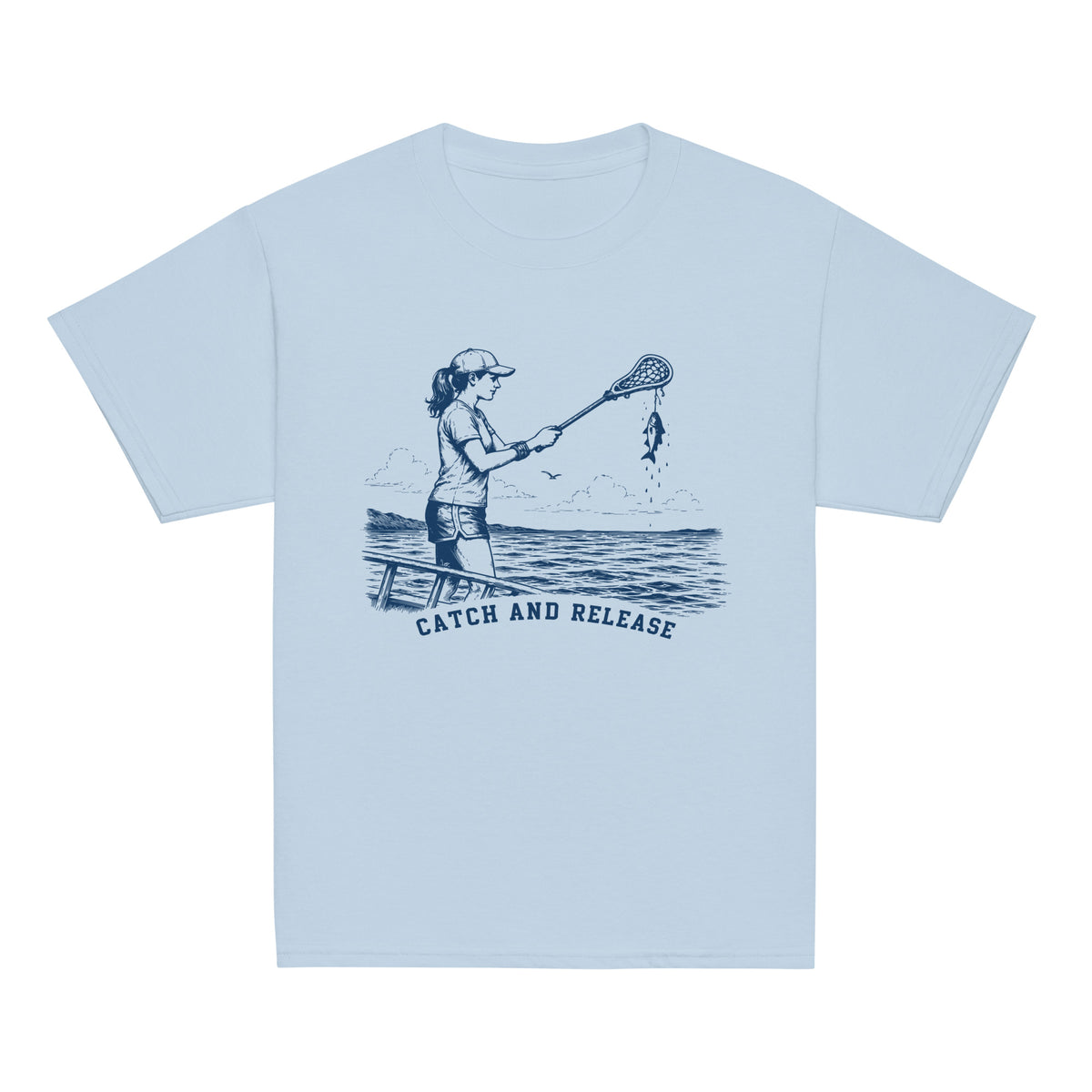 GO2X Catch and Release youth lacrosse shirt with female design in Light Blue, front view