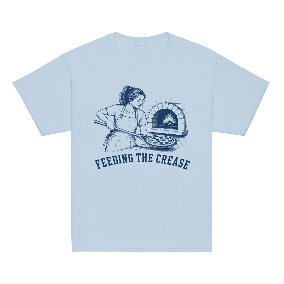 GO2X Feeding the Crease youth lacrosse shirt with female design in Light Blue, front view