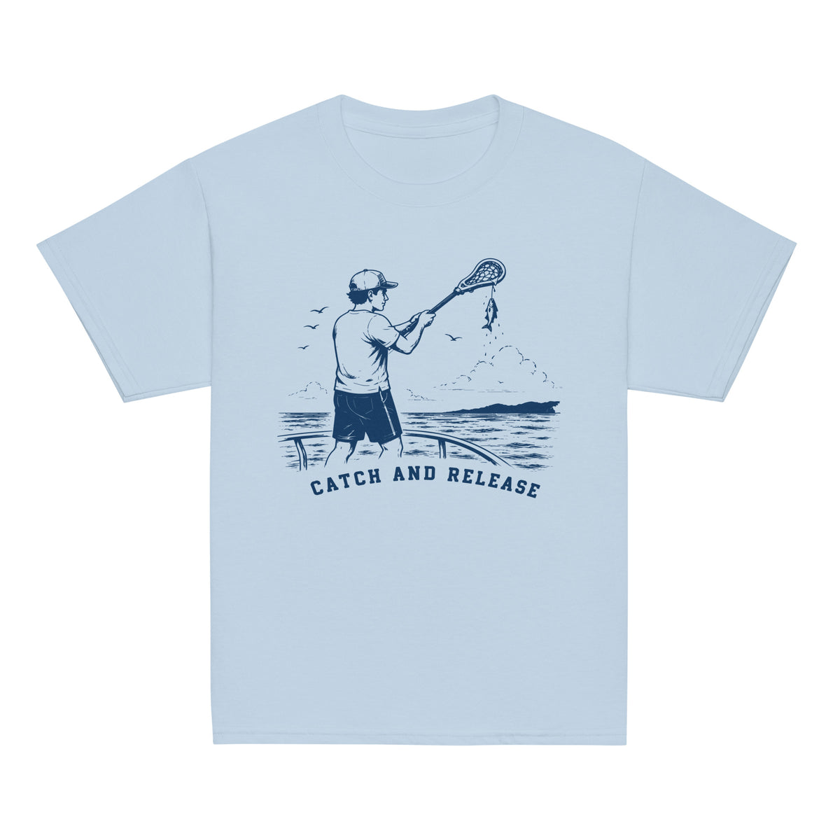 GO2X Catch and Release youth lacrosse shirt with male design in Light Blue, front view