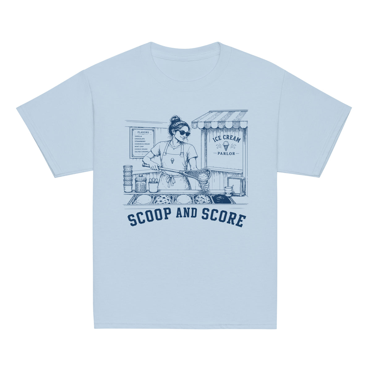GO2X Scoop and Score youth lacrosse shirt with female design in Light Blue, front view