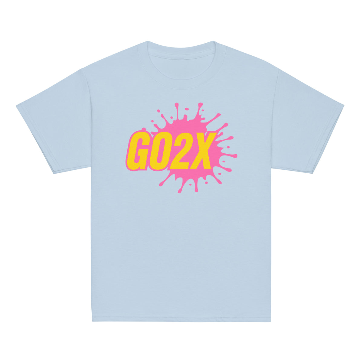 GO2X Classic youth lacrosse shirt with pink & yellow logo in Light Blue, front view