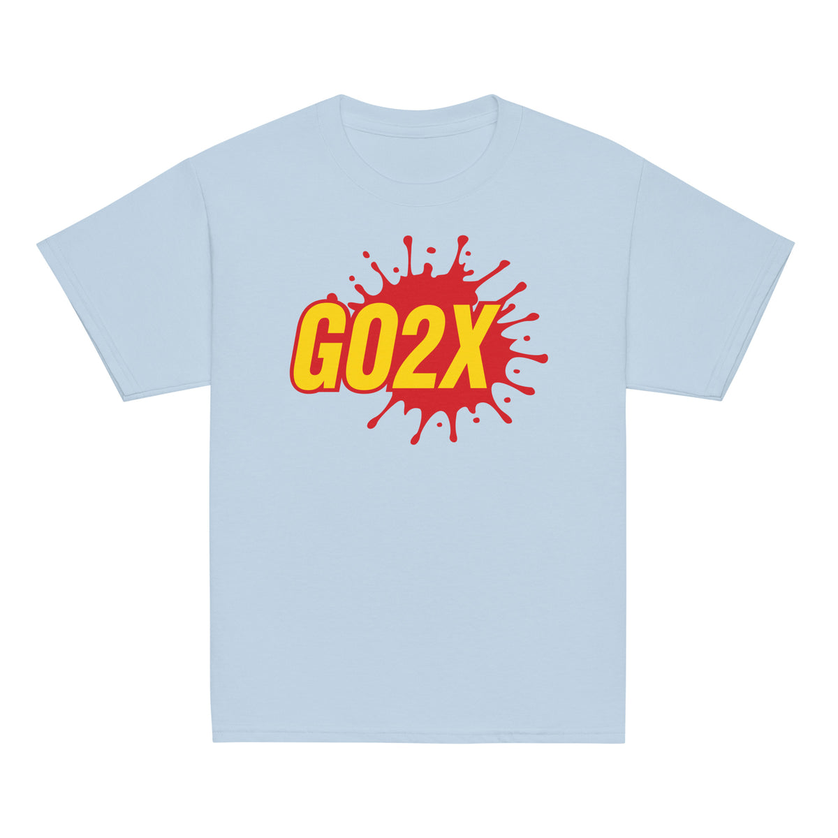 GO2X Classic youth lacrosse shirt with red & yellow logo in Light Blue, front view