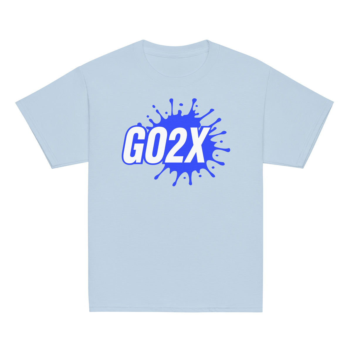 GO2X Classic youth lacrosse shirt with blue & white logo in Light Blue, front view