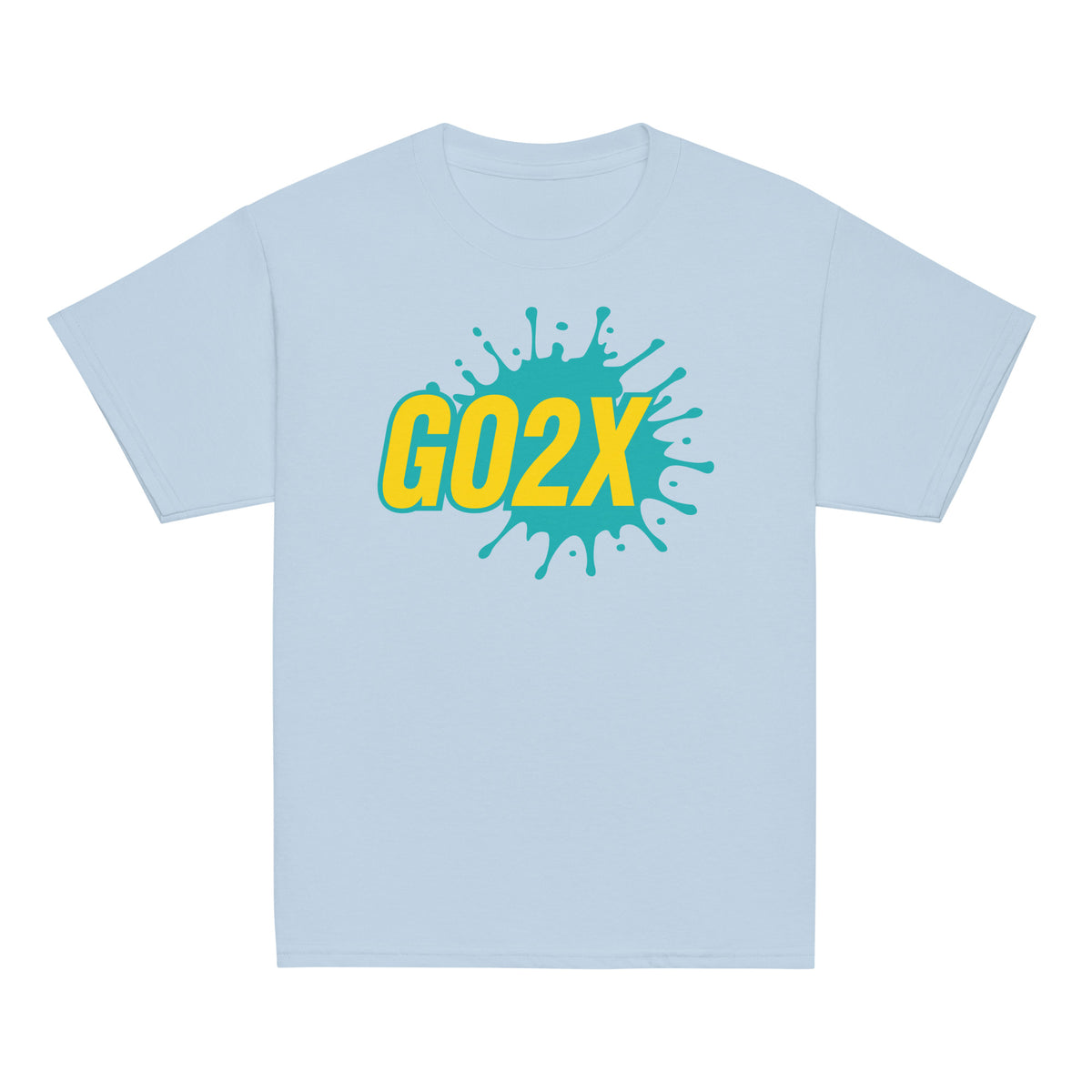GO2X Classic youth lacrosse shirt with teal & yellow logo in Light Blue, front view