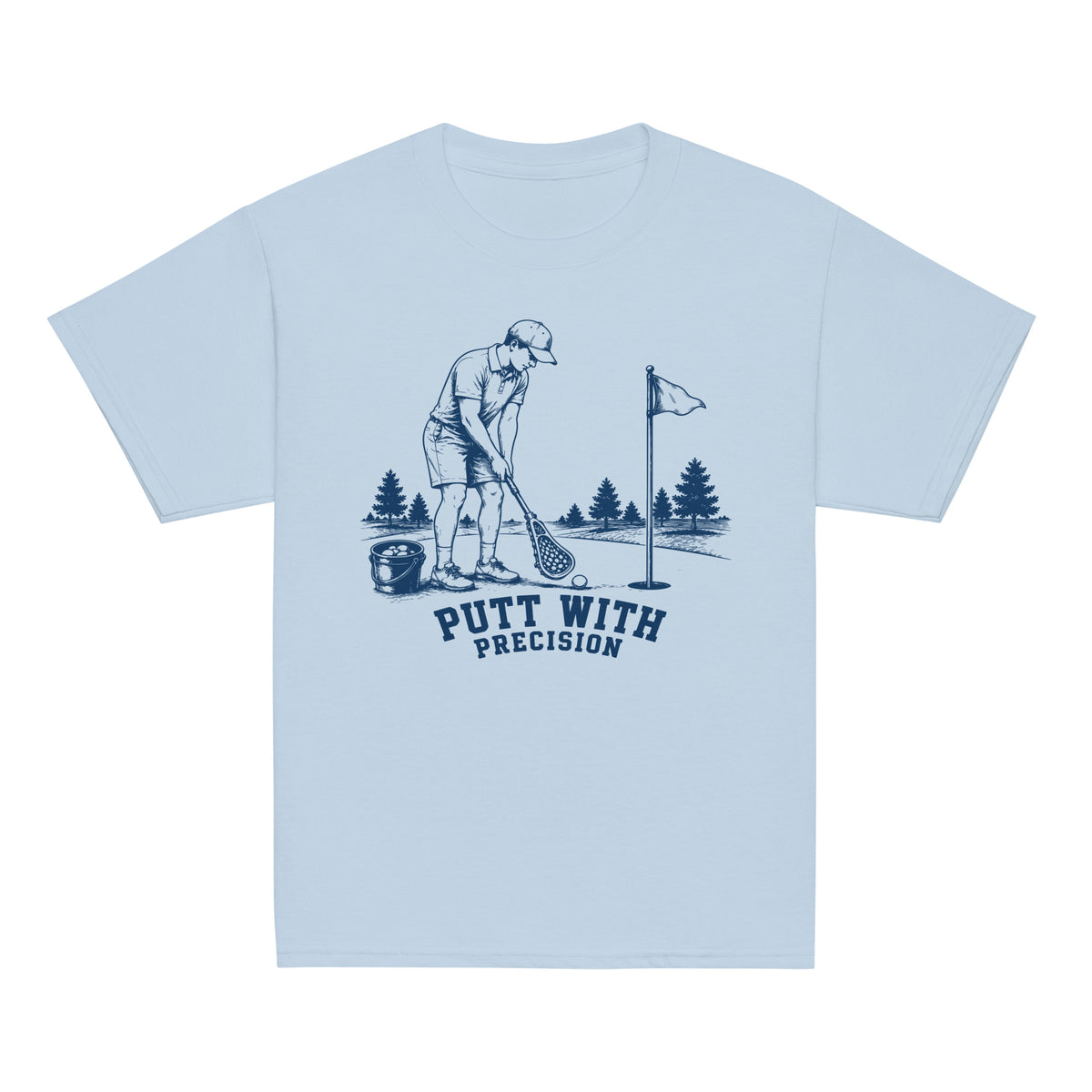 GO2X Putt with Precision youth lacrosse shirt with male design in Light Blue, front view