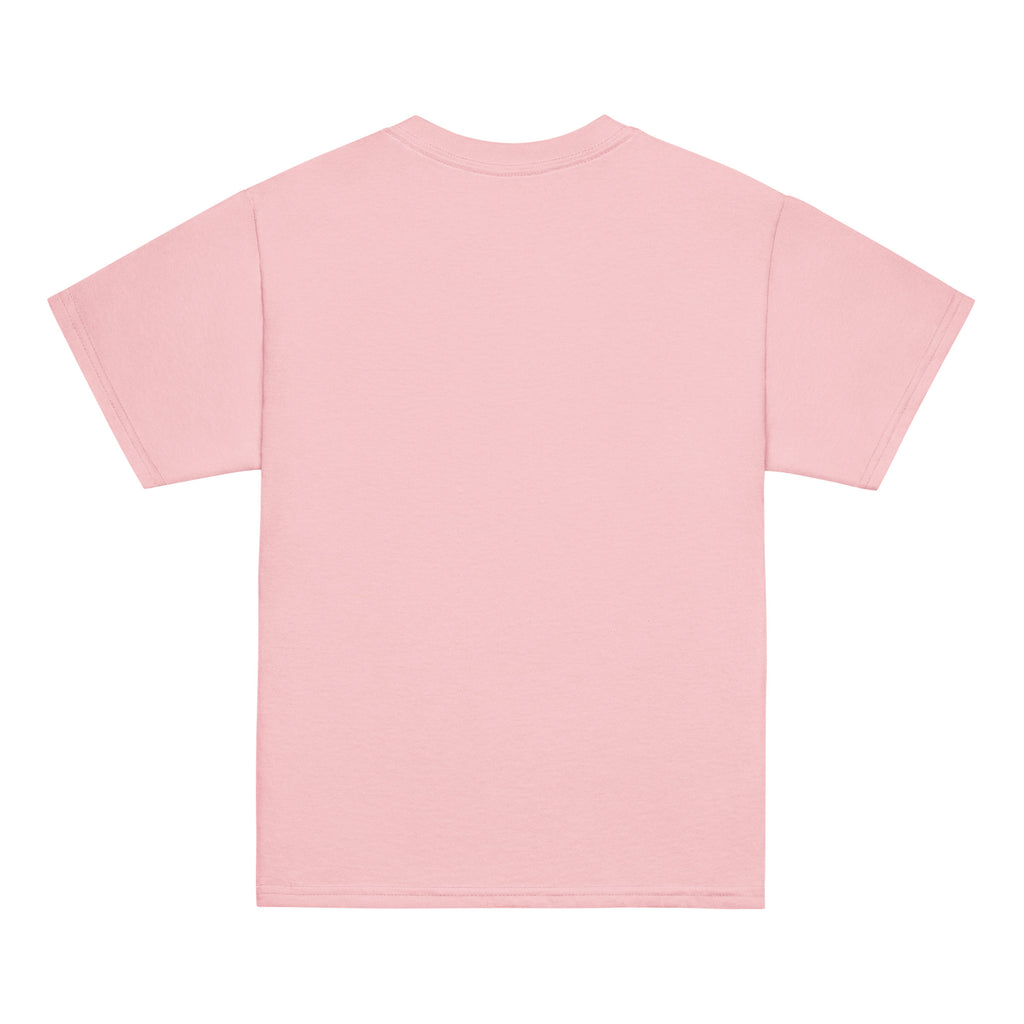 GO2X Classic youth lacrosse shirt with blue & white logo in Light Pink, back view