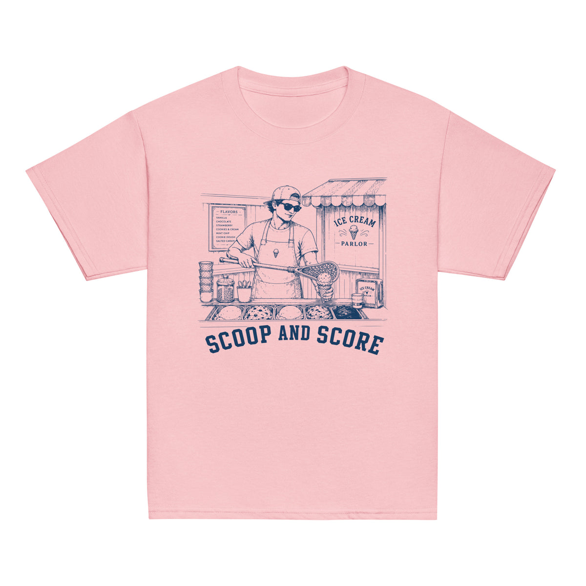 GO2X Scoop and Score youth lacrosse shirt with male design in Light Pink, front view