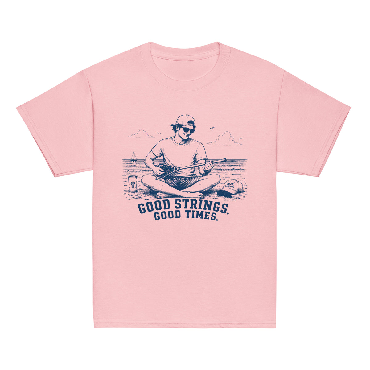 GO2X Good Strings Good Times youth lacrosse shirt with male design in Light Pink, front view