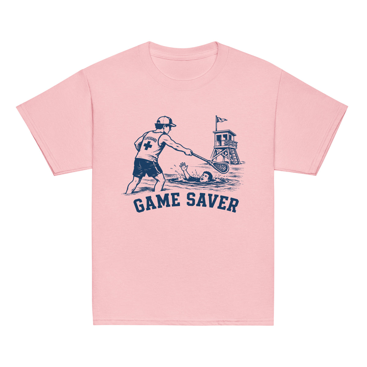 GO2X Game Saver youth lacrosse shirt with male design in Light Pink, front view
