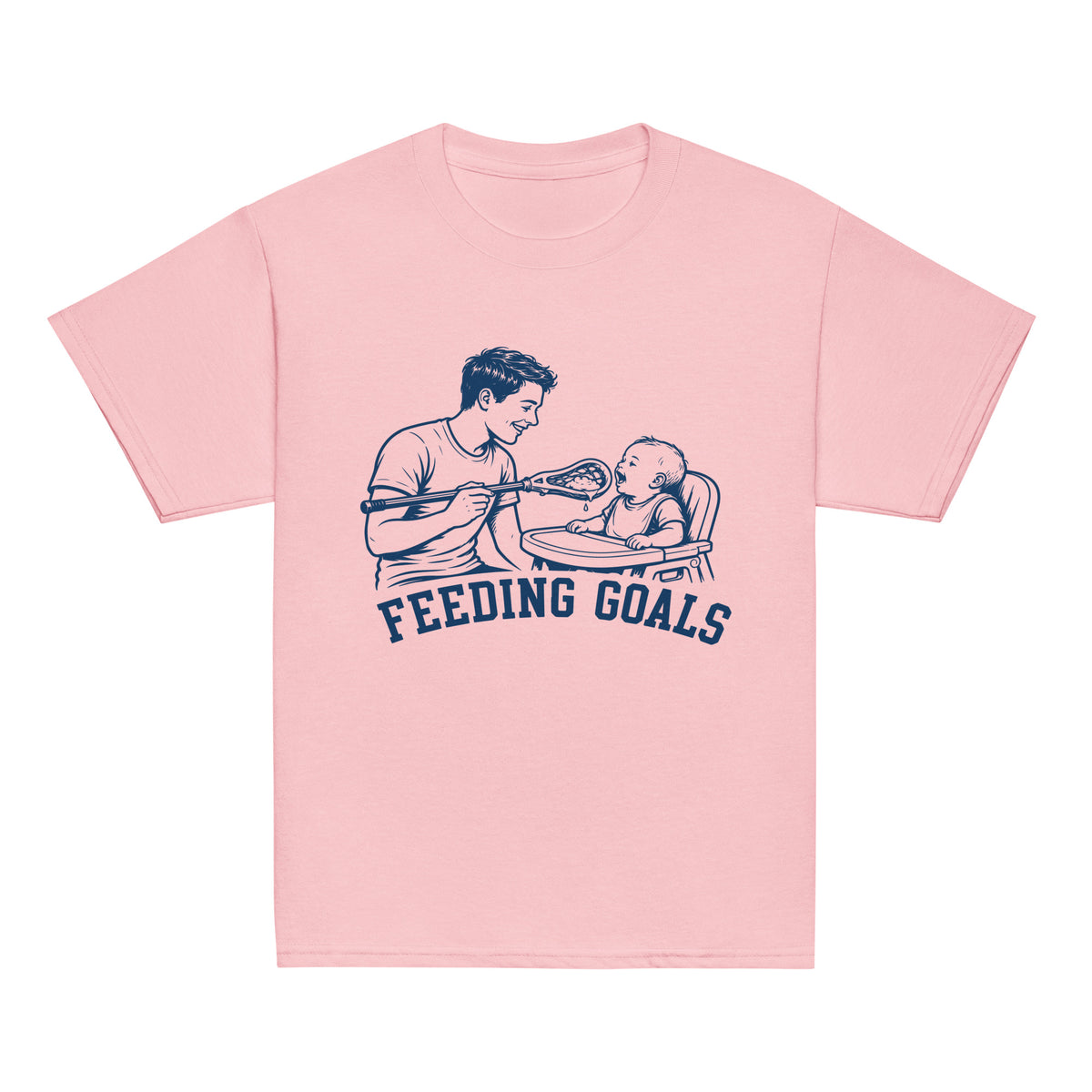 GO2X Feeding Goals youth lacrosse shirt with male design in Light Pink, front view