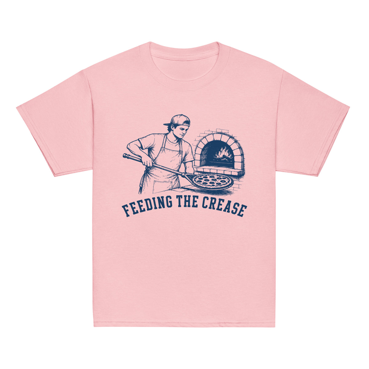 GO2X Feeding the Crease youth lacrosse shirt with male design in Light Pink, front view