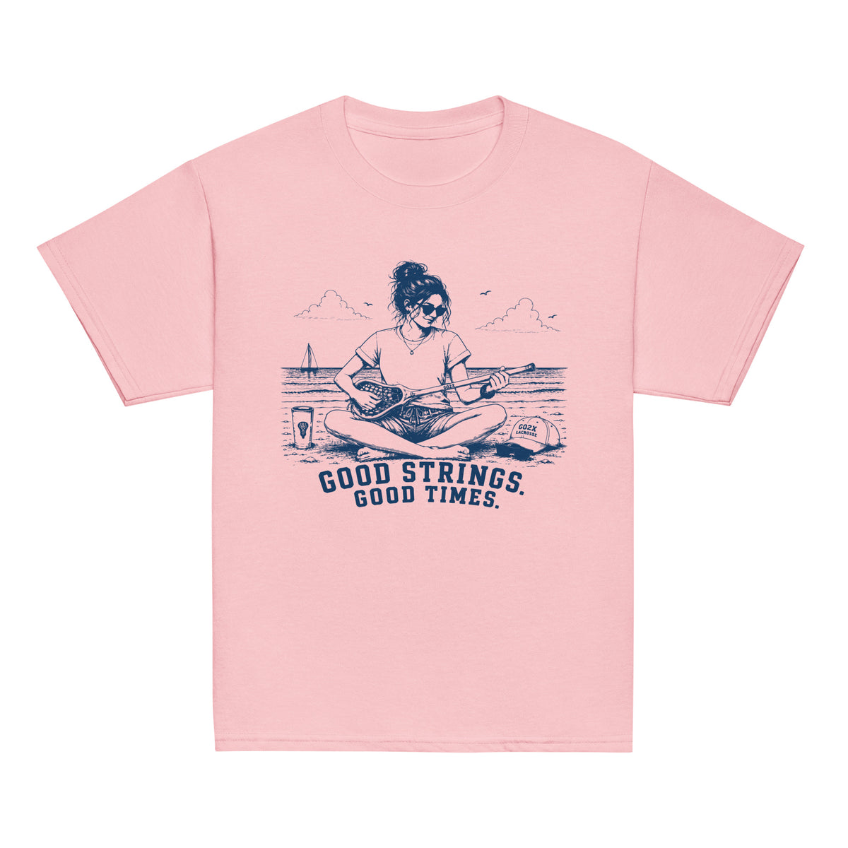 GO2X Good Strings Good Times youth lacrosse shirt with female design in Light Pink, front view