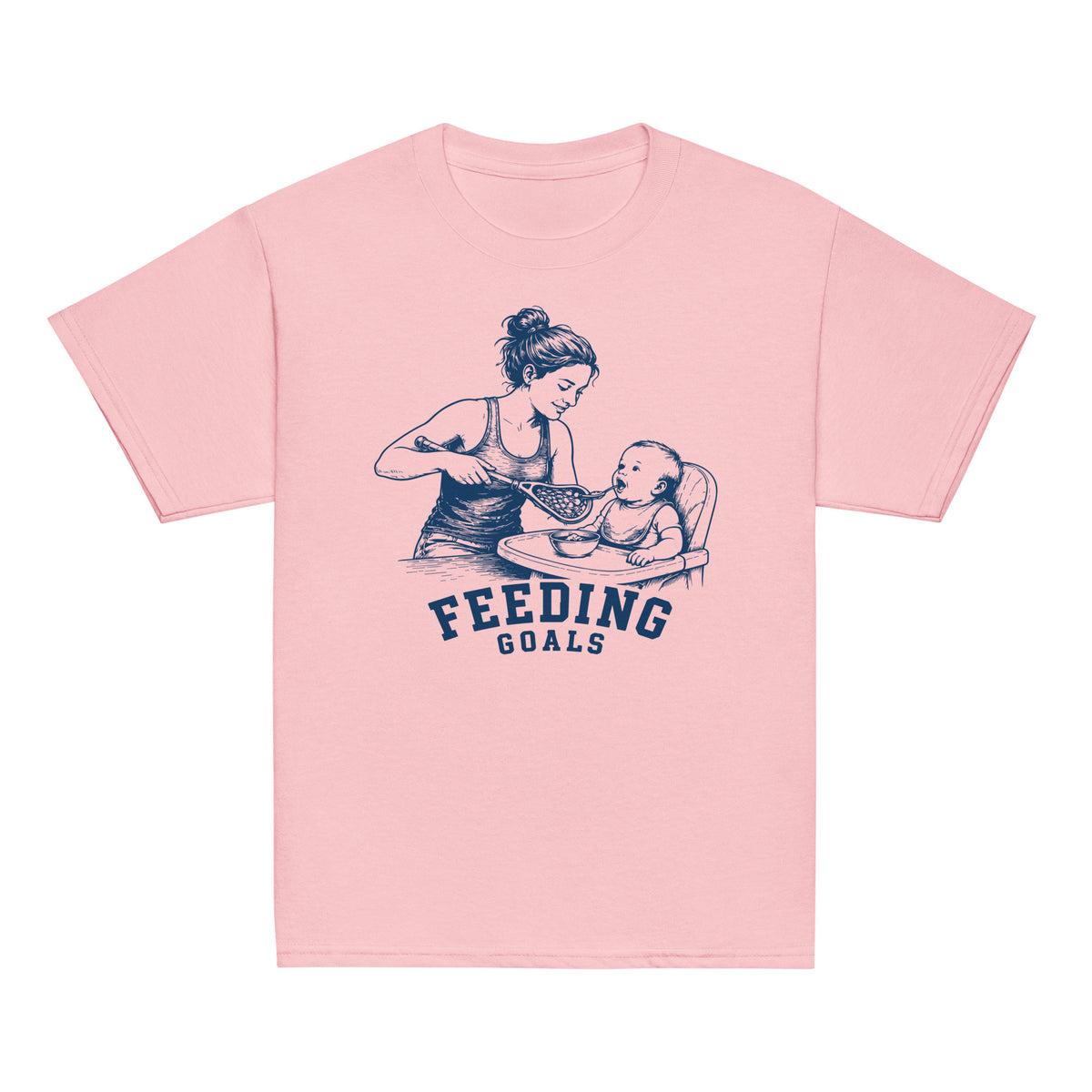 GO2X Feeding Goals youth lacrosse shirt with female design in Light Pink, front view