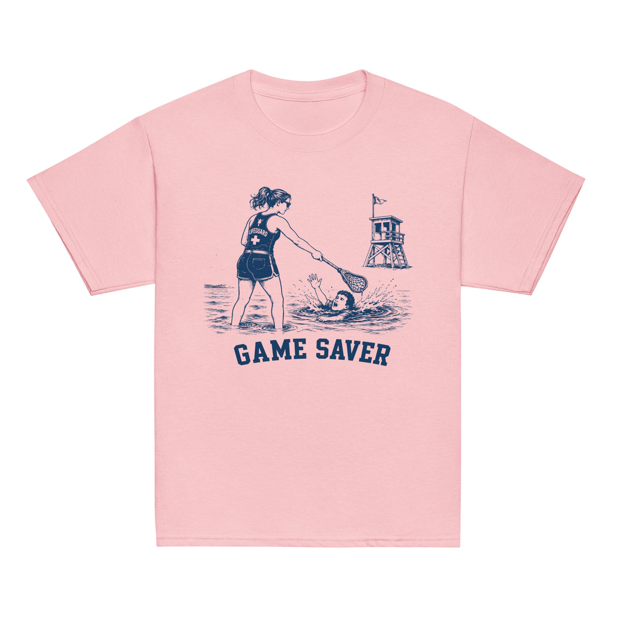 GO2X Game Saver youth lacrosse shirt with female design in Light Pink, front view