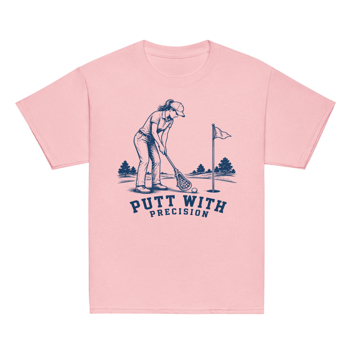 GO2X Putt with Precision youth lacrosse shirt with female design in Light Pink, front view