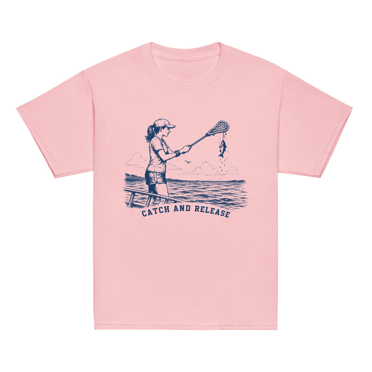 GO2X Catch and Release youth lacrosse shirt with female design in Light Pink, front view