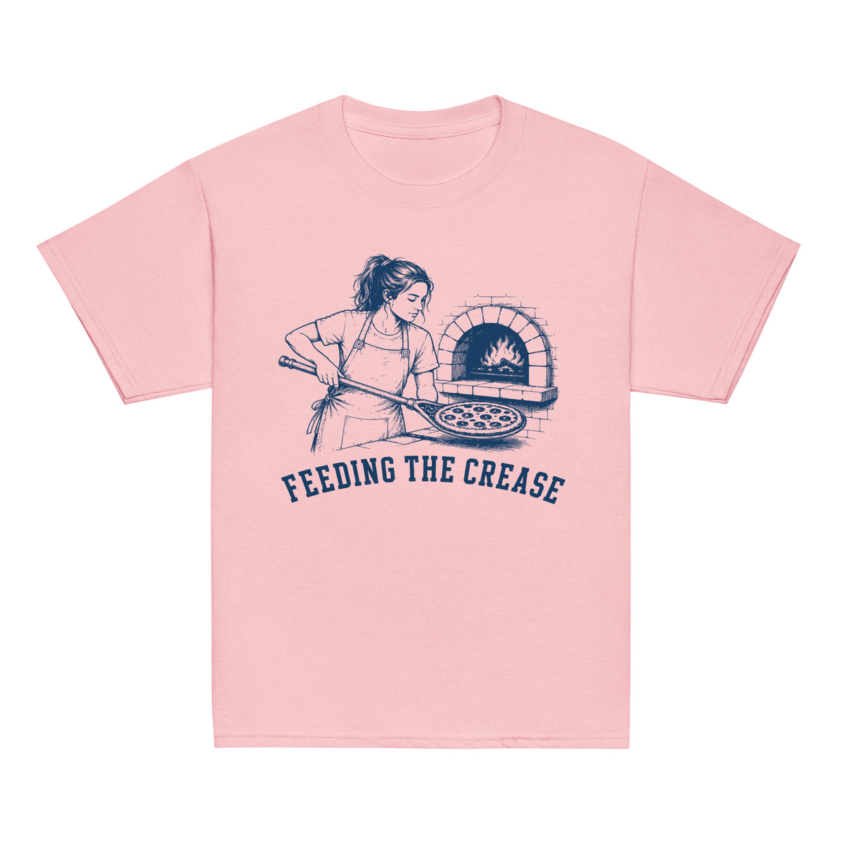GO2X Feeding the Crease youth lacrosse shirt with female design in Light Pink, front view
