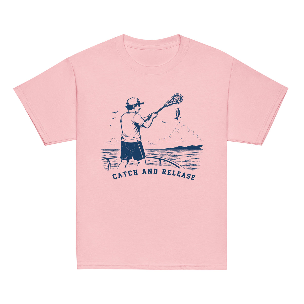 GO2X Catch and Release youth lacrosse shirt with male design in Light Pink, front view