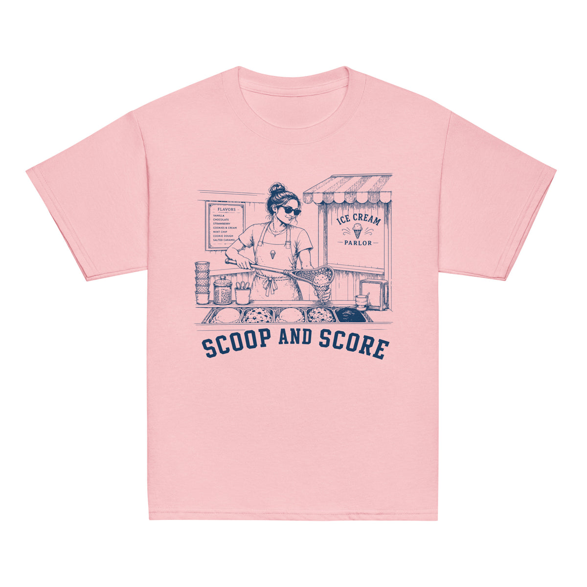GO2X Scoop and Score youth lacrosse shirt with female design in Light Pink, front view