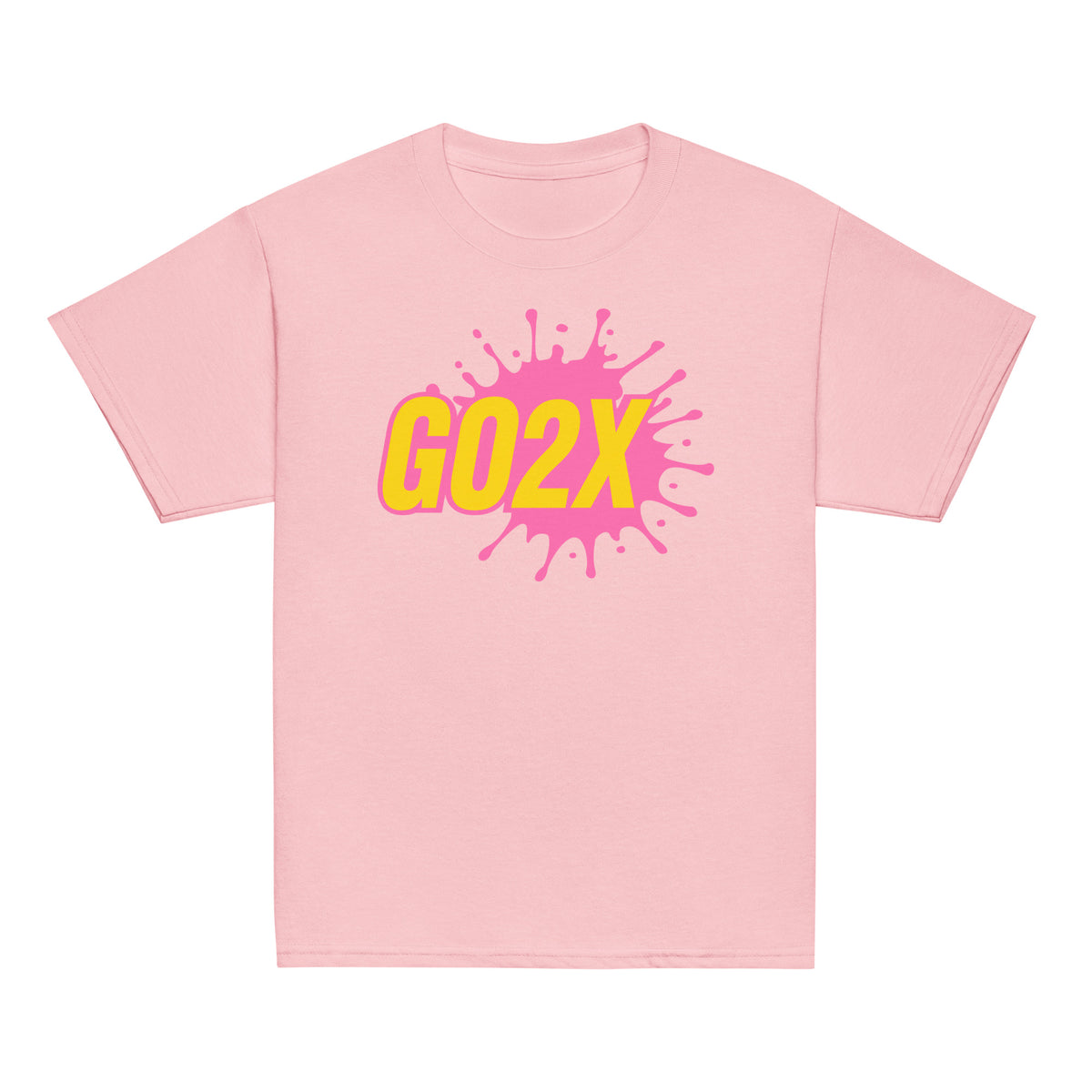 GO2X Classic youth lacrosse shirt with pink & yellow logo in Light Pink, front view