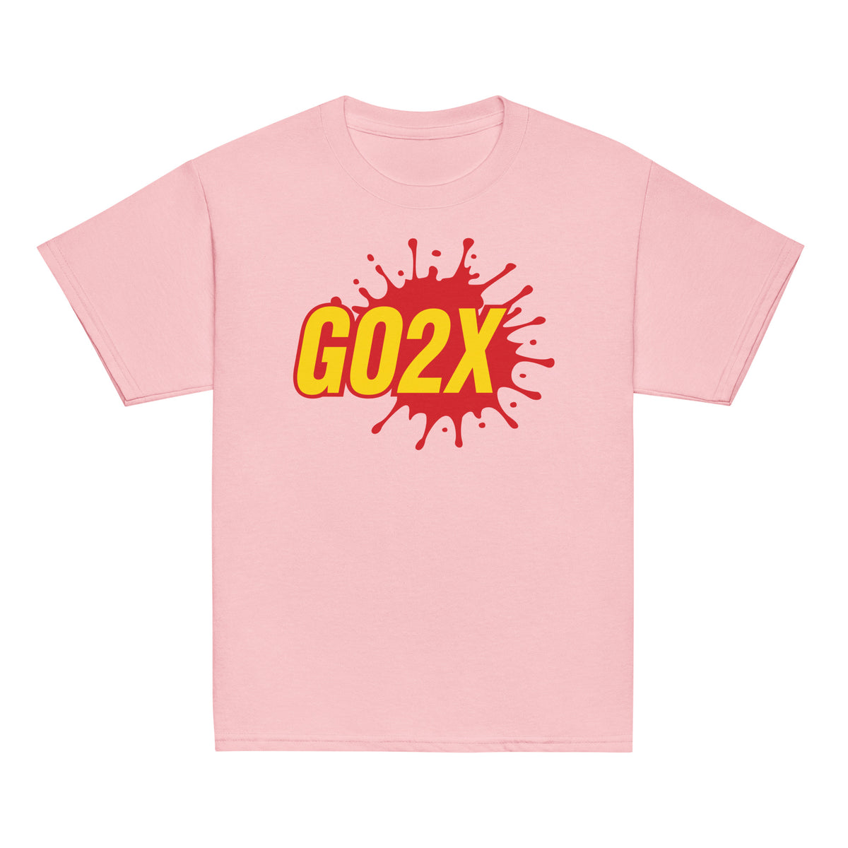 GO2X Classic youth lacrosse shirt with red & yellow logo in Light Pink, front view
