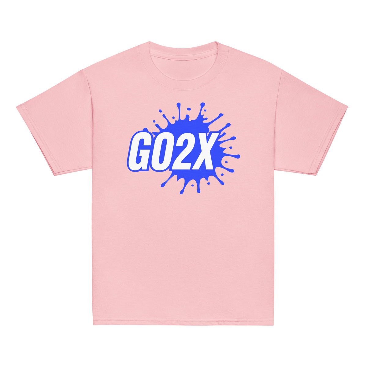 GO2X Classic youth lacrosse shirt with blue & white logo in Light Pink, front view