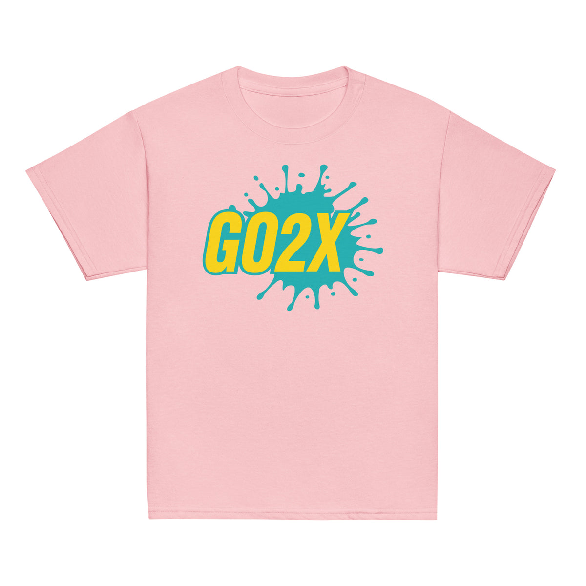 GO2X Classic youth lacrosse shirt with teal & yellow logo in Light Pink, front view
