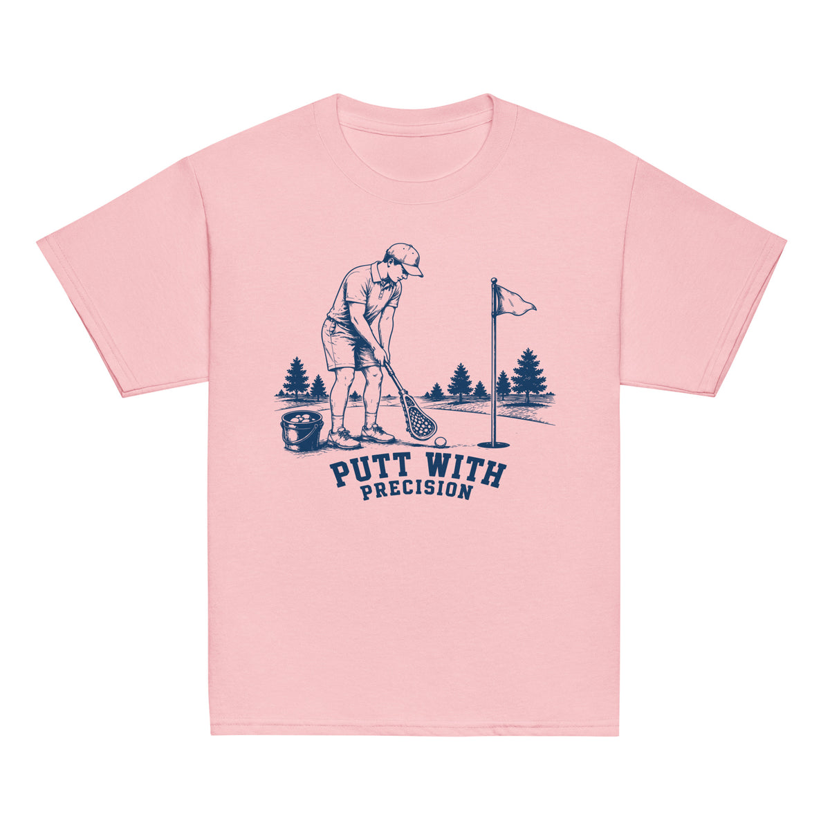 GO2X Putt with Precision youth lacrosse shirt with male design in Light Pink, front view