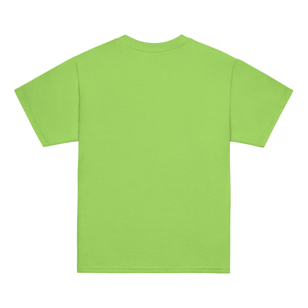 GO2X Good Strings Good Times youth lacrosse shirt with male design in Lime, back view