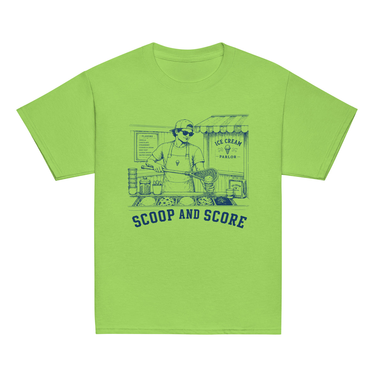 GO2X Scoop and Score youth lacrosse shirt with male design in Lime, front view