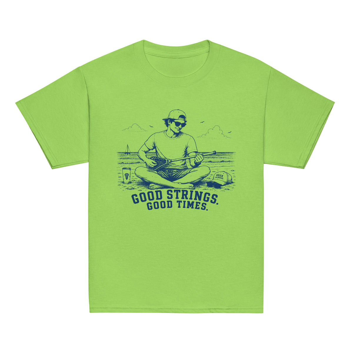 GO2X Good Strings Good Times youth lacrosse shirt with male design in Lime, front view